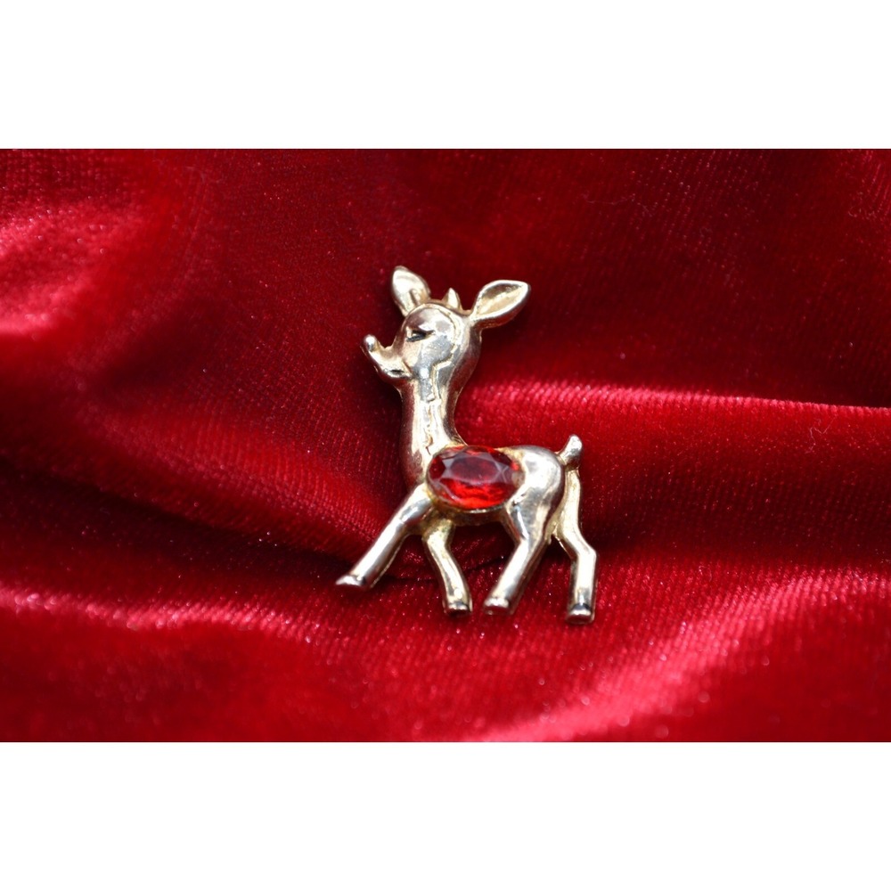 Vintage rudolph reindeer red stone pendant brooch silver tone